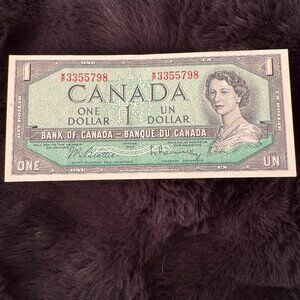 1954 Canada $1 Banknote – Queen Elizabeth II – Vintage Canadian Currency